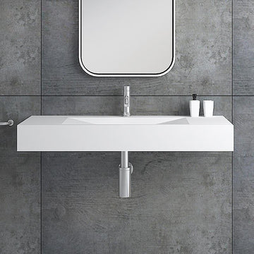 Glossy White Wall-Mount Floating Sink Solid Surface Stone Resin Bathroom V-Shaped Sink